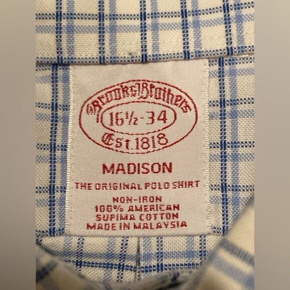 Brooks Brothers Men’s Madison Long Sleeve Button Down Shirt Blue White Checkered - Picture 6 of 11